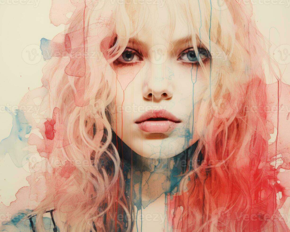 a painting of a woman with pink and blue hair generative ai photo