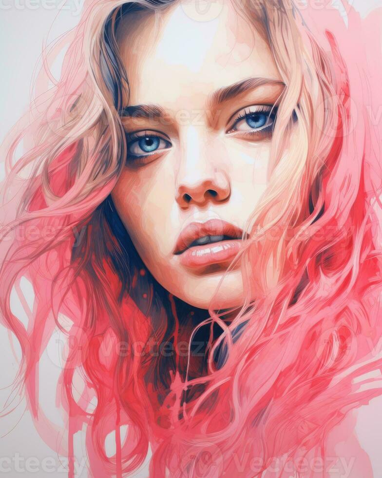 a painting of a woman with pink hair generative ai photo