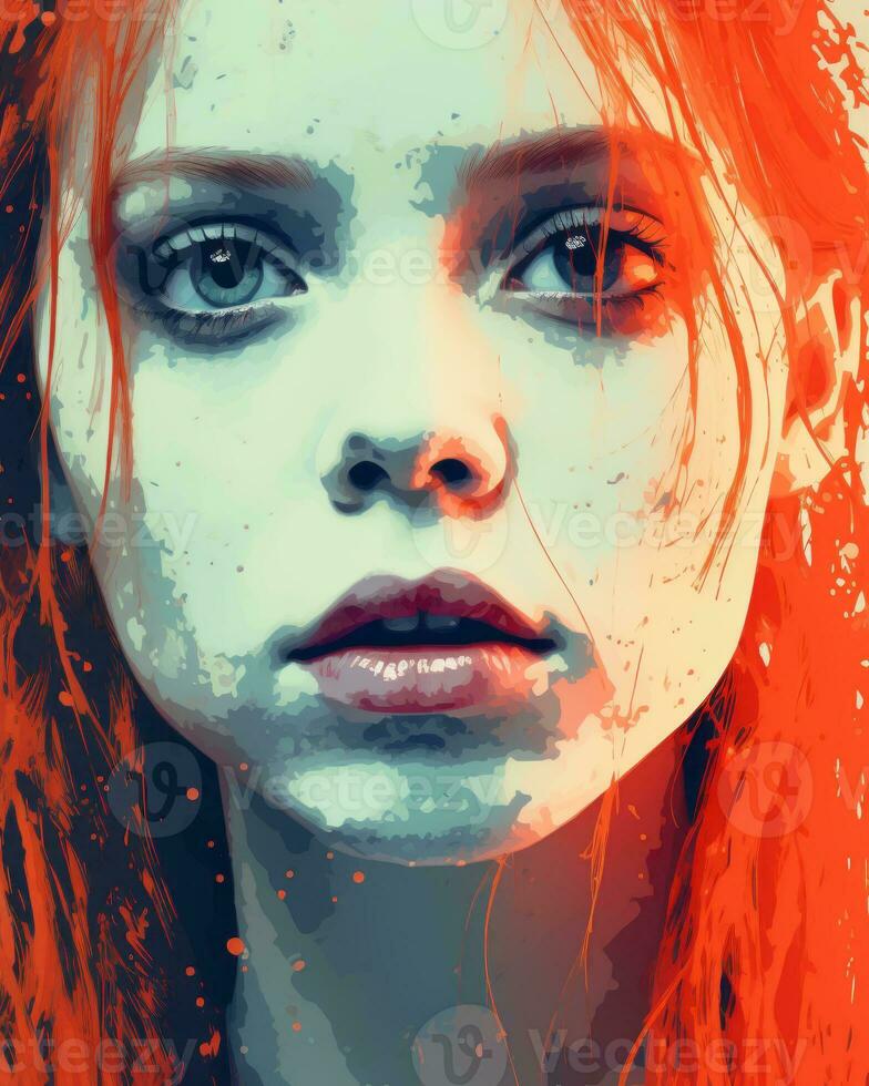 a painting of a woman with red hair and blue eyes generative ai photo