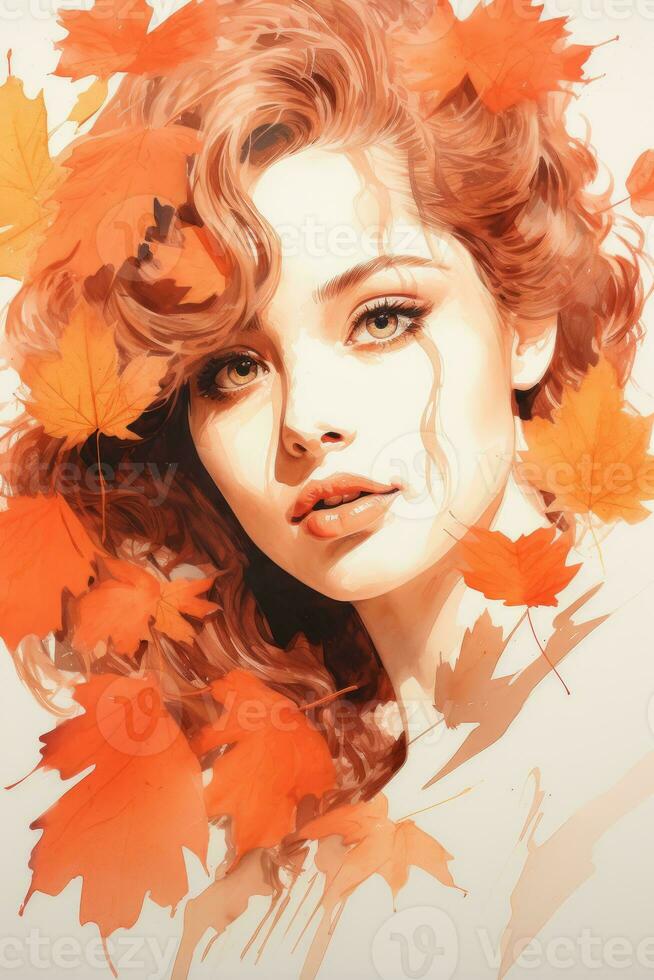 a painting of a woman with red hair surrounded by autumn leaves generative ai photo