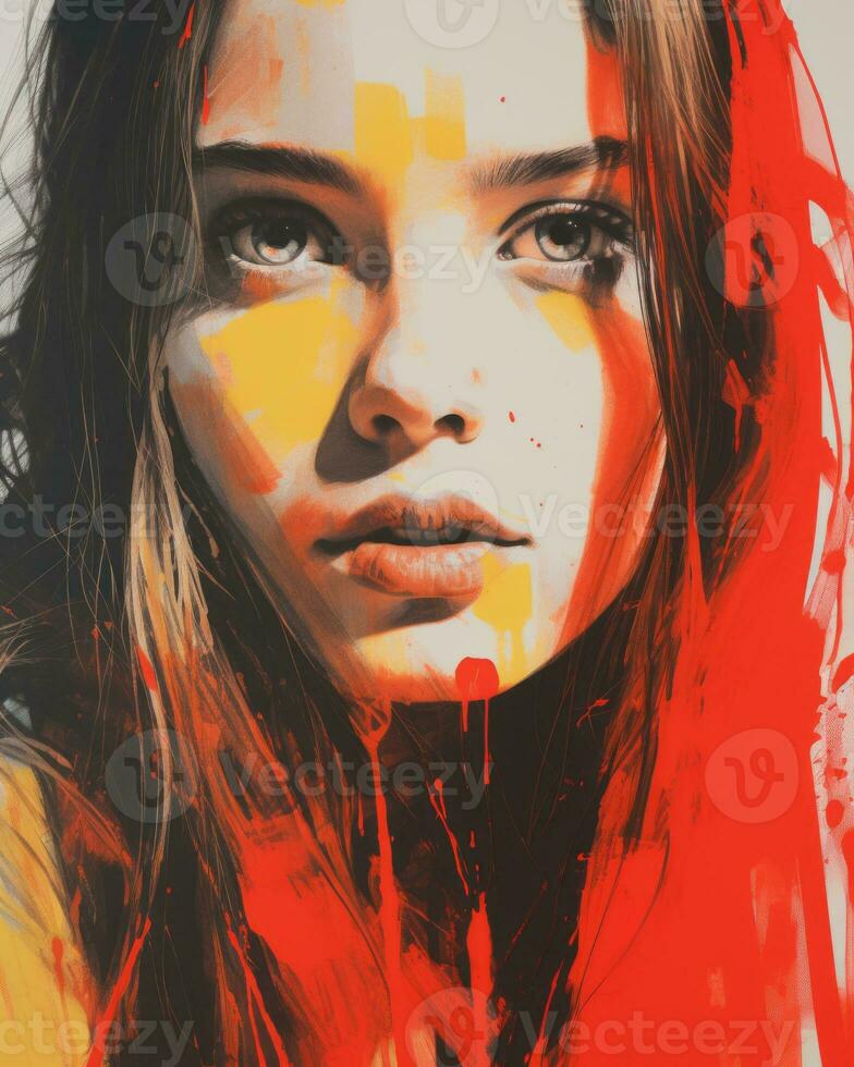 a painting of a woman with red paint on her face generative ai photo