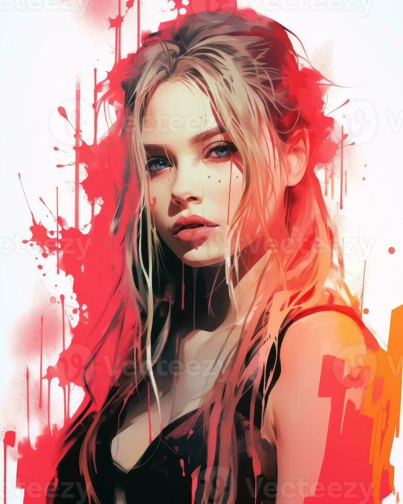 a painting of a woman with red paint splatters on her face generative ai photo