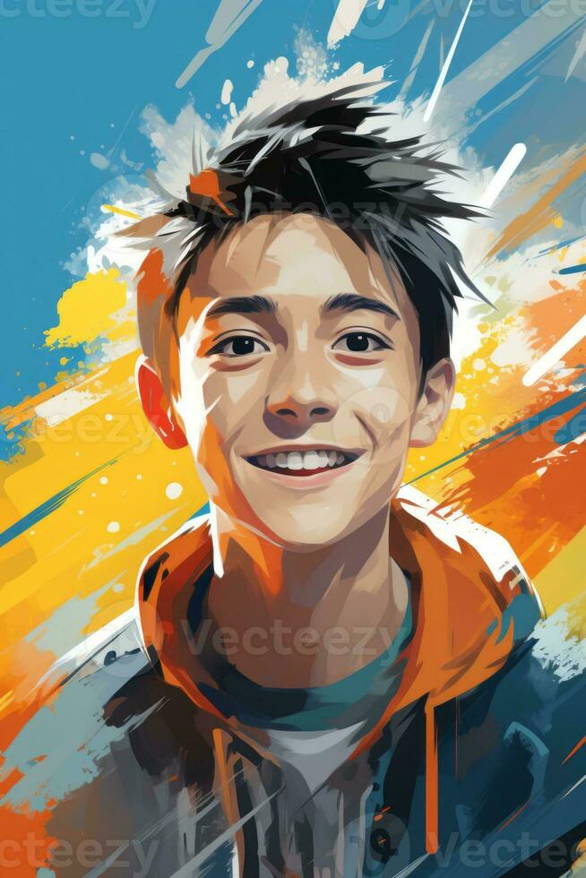 a painting of a young boy with an orange and blue background generative ai photo
