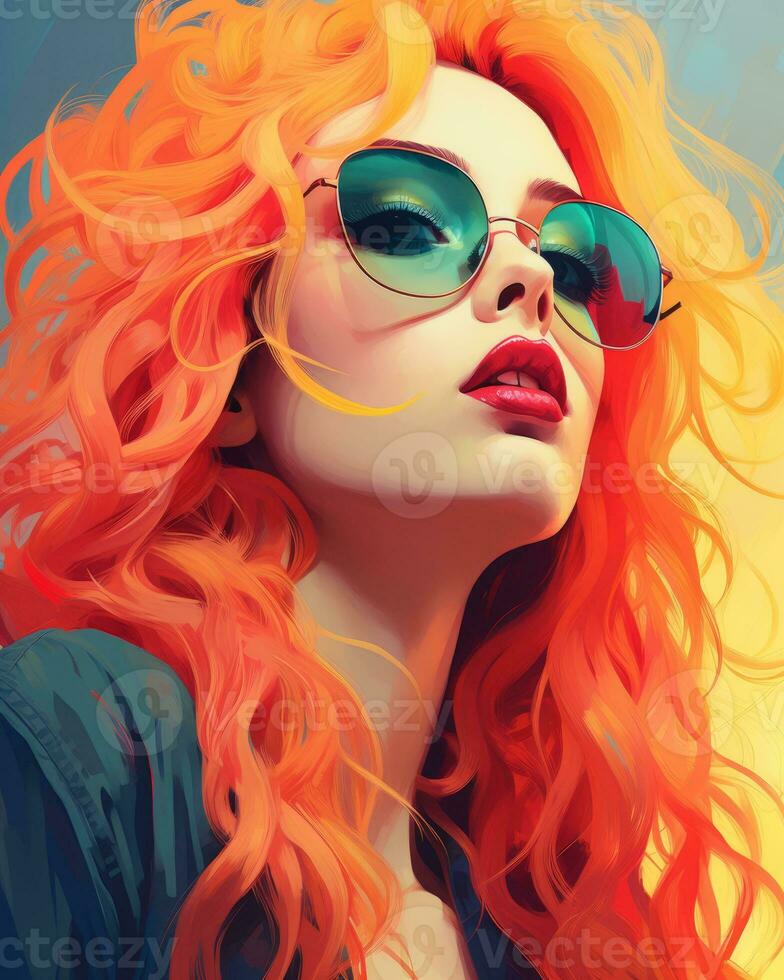 a painting of an orange haired woman with sunglasses generative ai photo