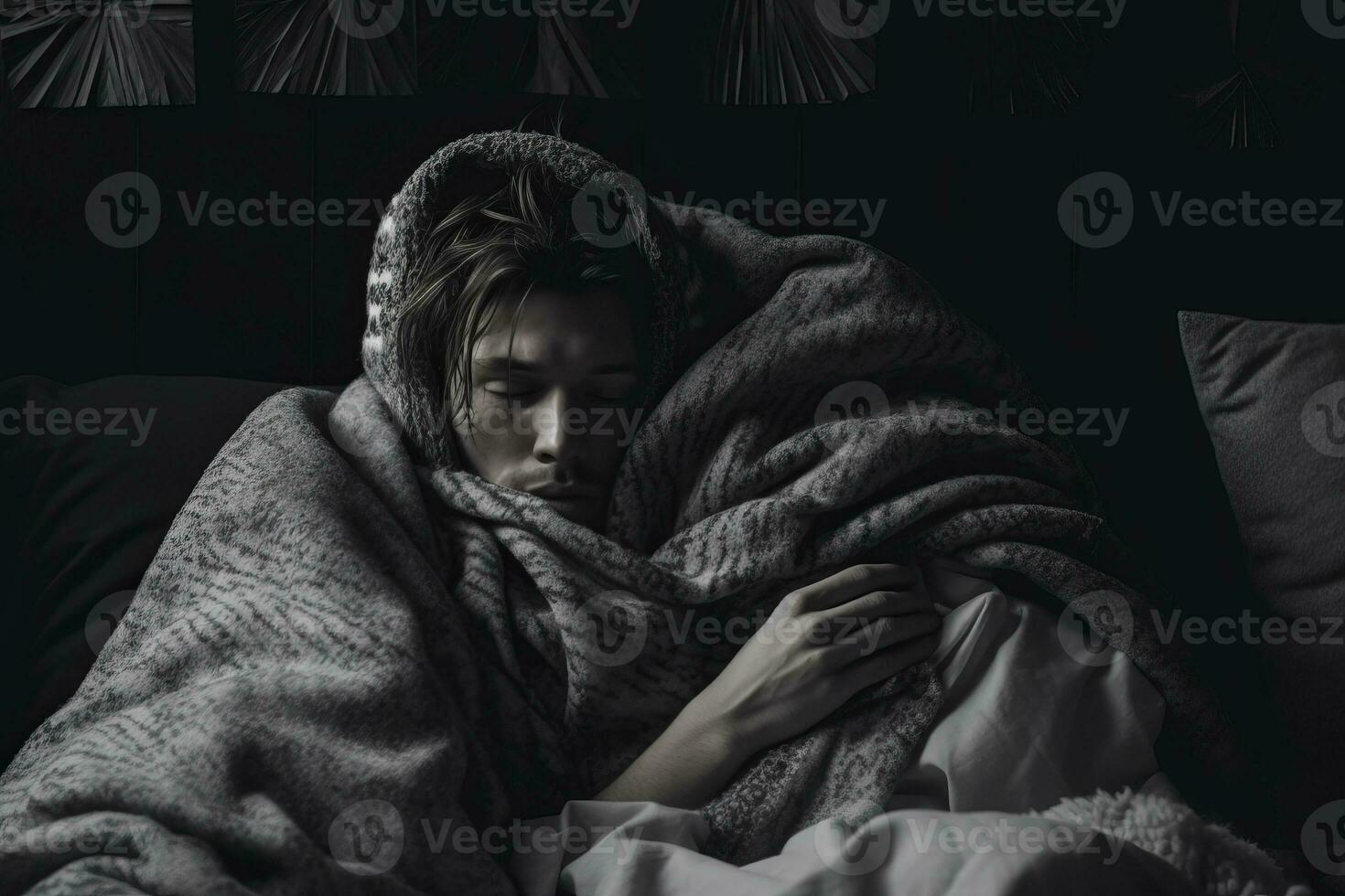 a person wrapped in a blanket on a bed generative ai photo