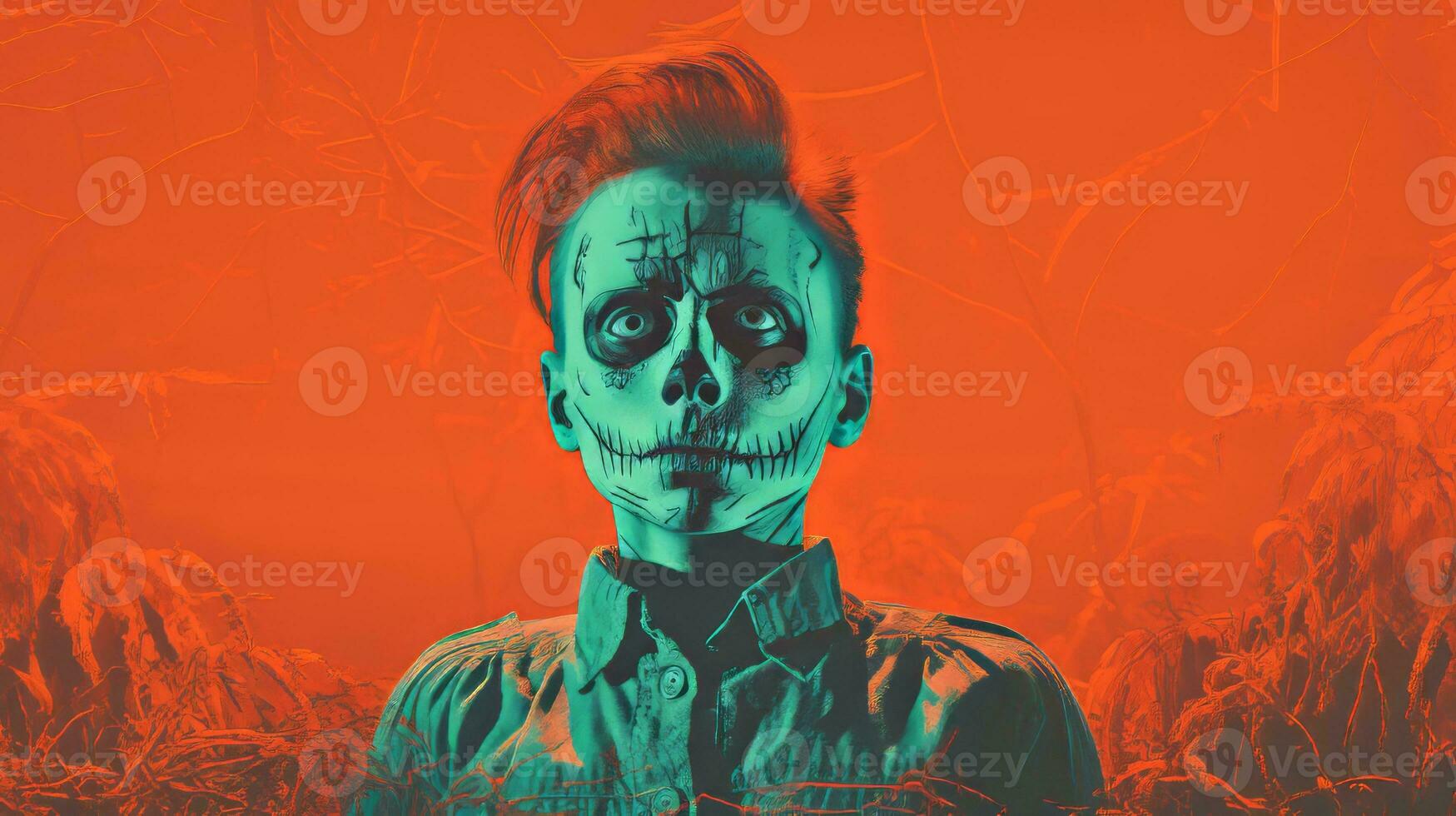 a person with a skeleton face and red hair standing in the middle of a field generative ai photo