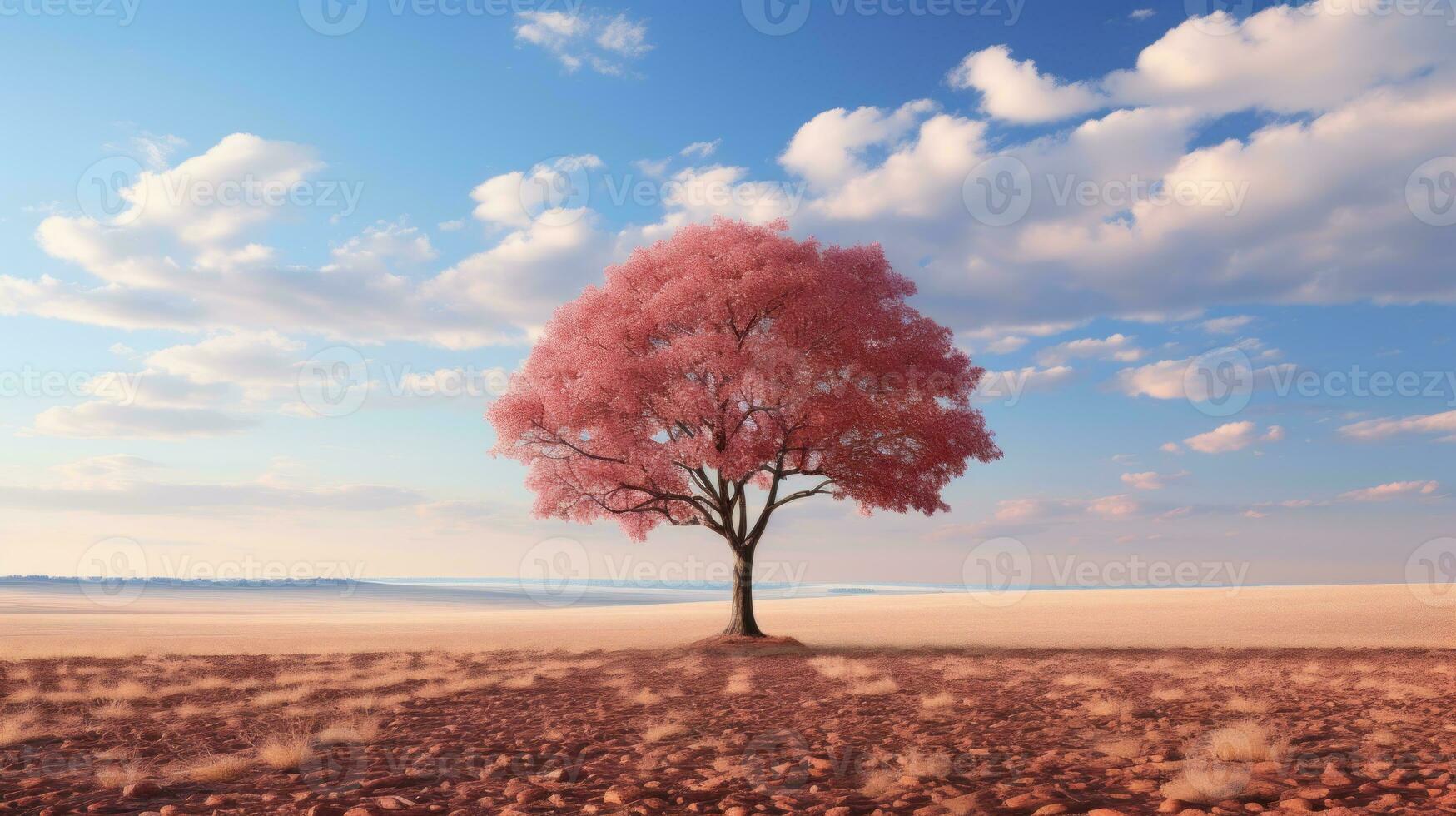 a pink tree stands alone in the middle of an empty field generative ai photo
