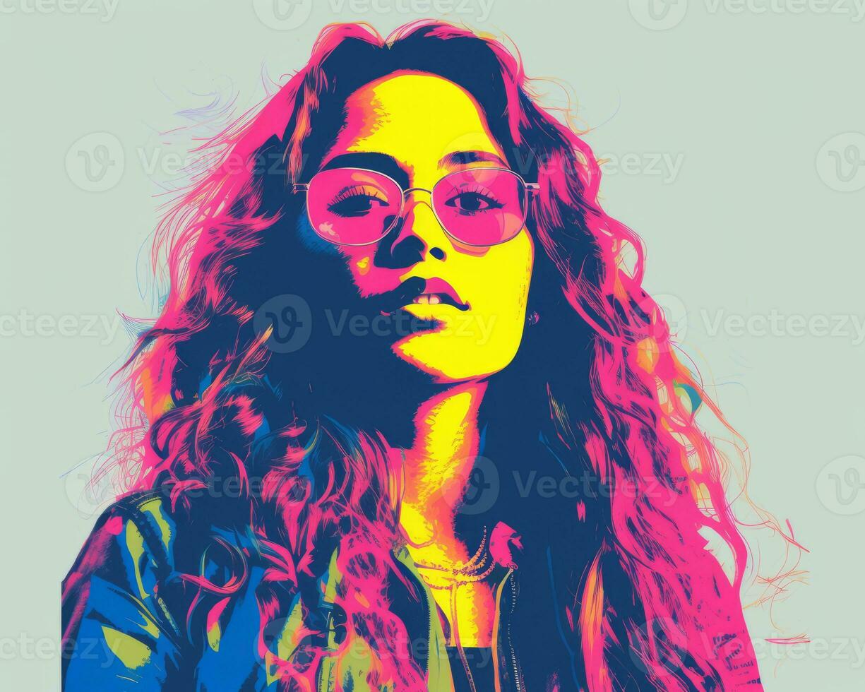 a pop art portrait of a woman with long hair and glasses generative ai photo