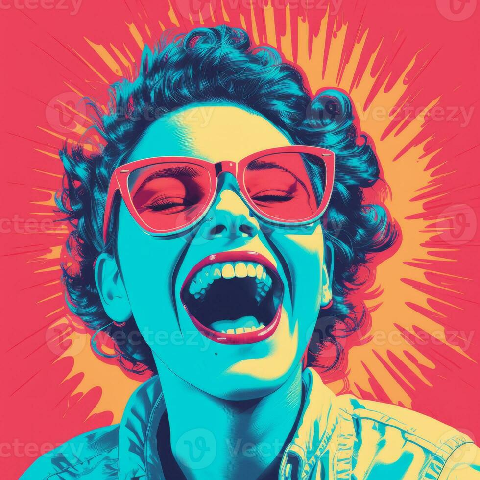 a pop art style illustration of a woman laughing generative ai photo