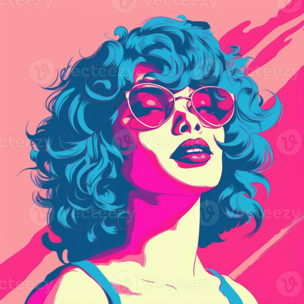 a pop art style illustration of a woman with blue hair and sunglasses generative ai photo
