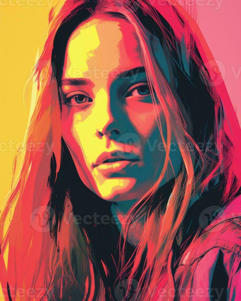 a pop art style portrait of a woman with long hair generative ai photo