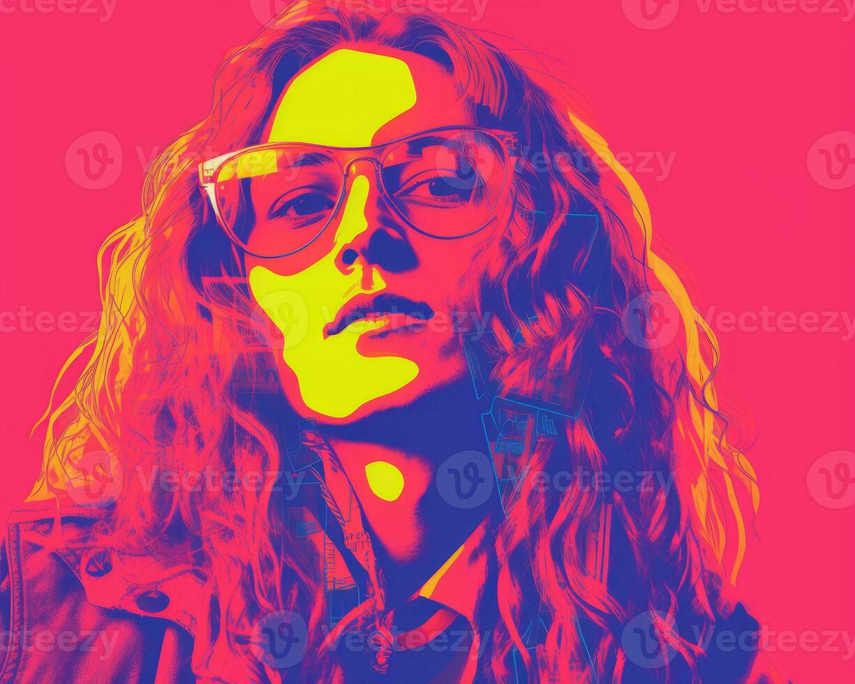 a pop art style portrait of a woman with long hair and glasses generative ai photo