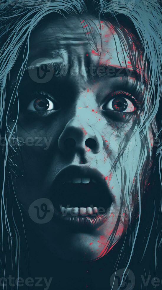 a poster of a woman with blood on her face generative ai photo