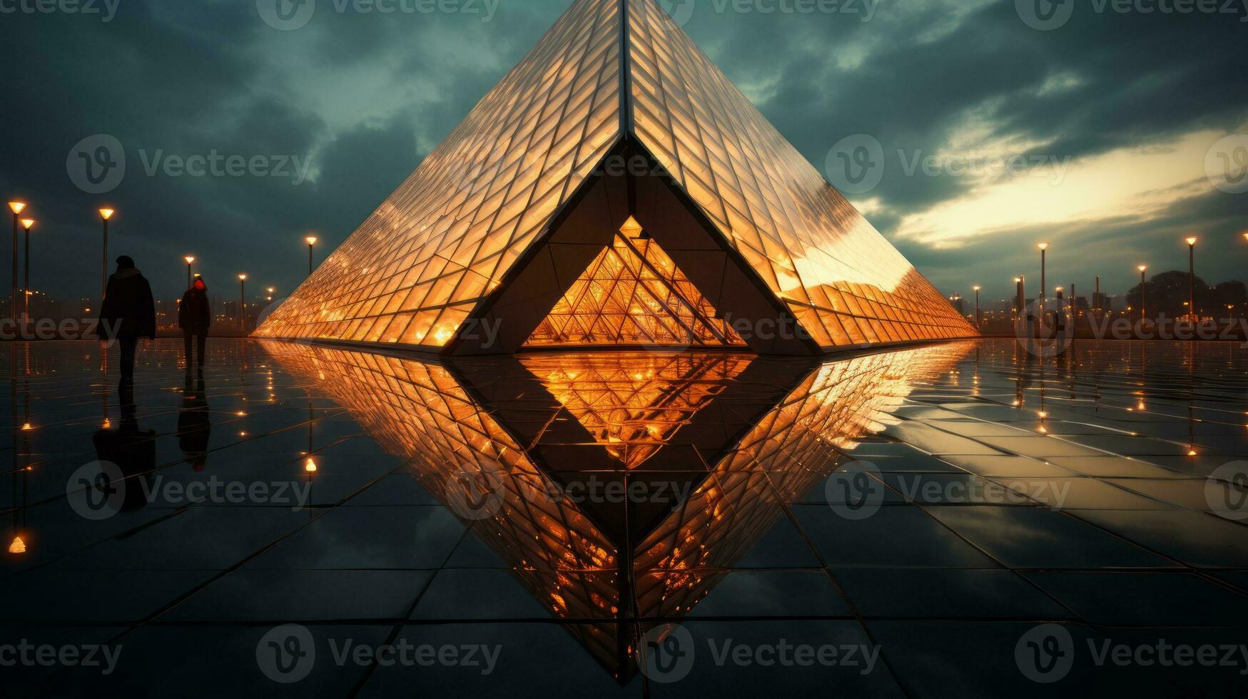 a pyramid shaped building with people standing in front of it generative ai photo