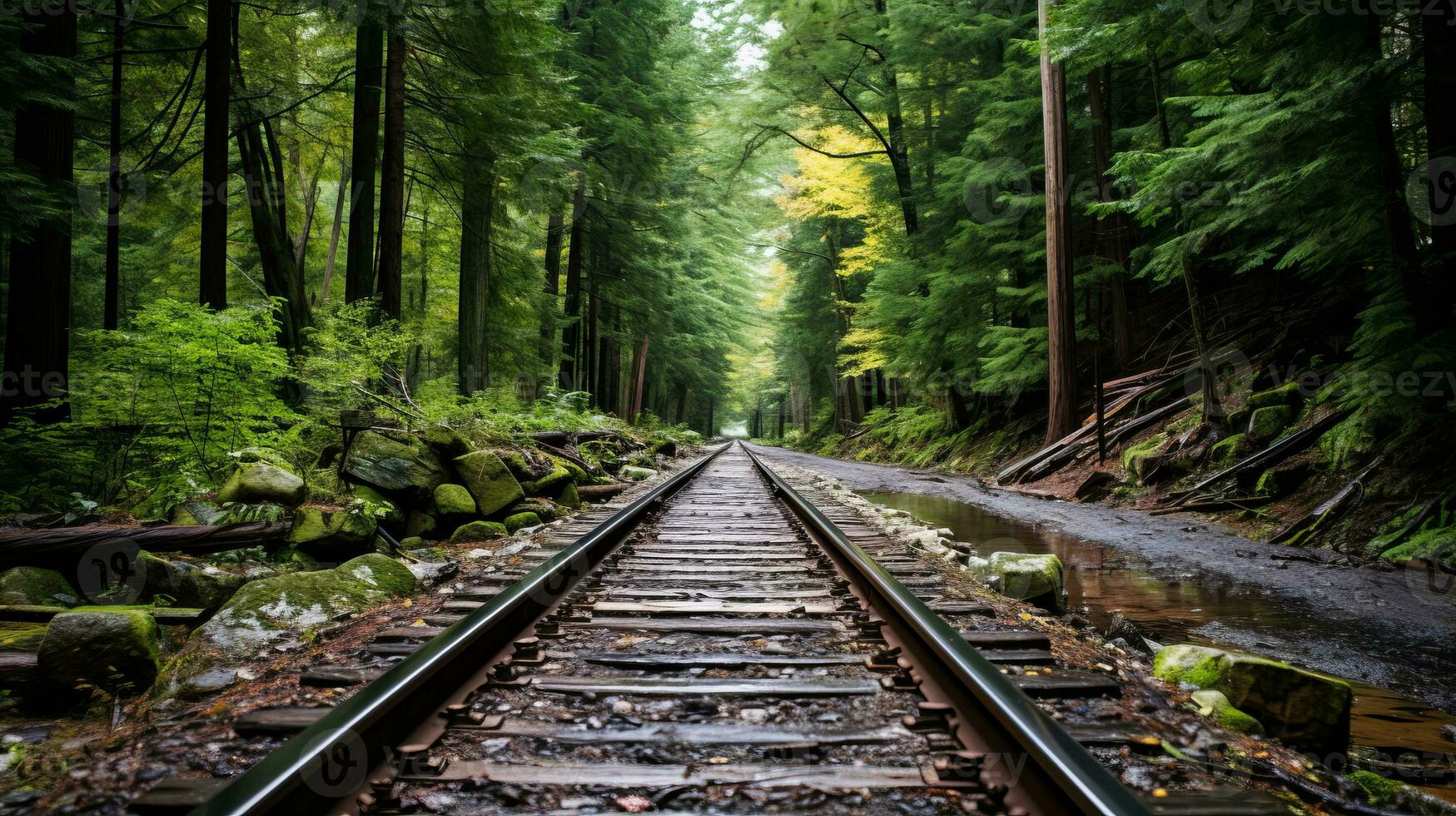 a railroad track in the woods with trees on either side generative ai photo