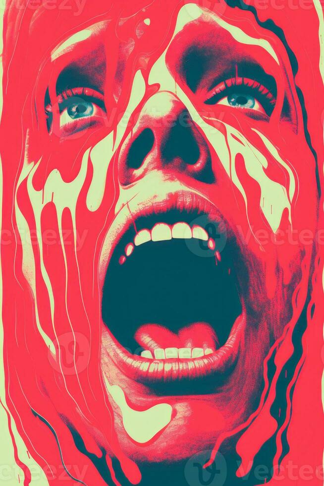 a red and pink poster with a womans face covered in blood generative ai photo