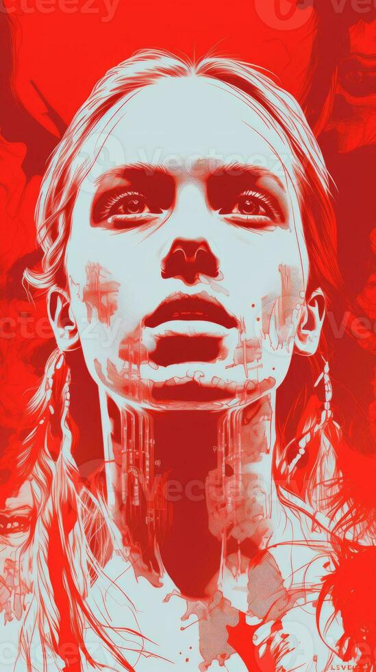 a red and white poster with a womans face on it generative ai photo