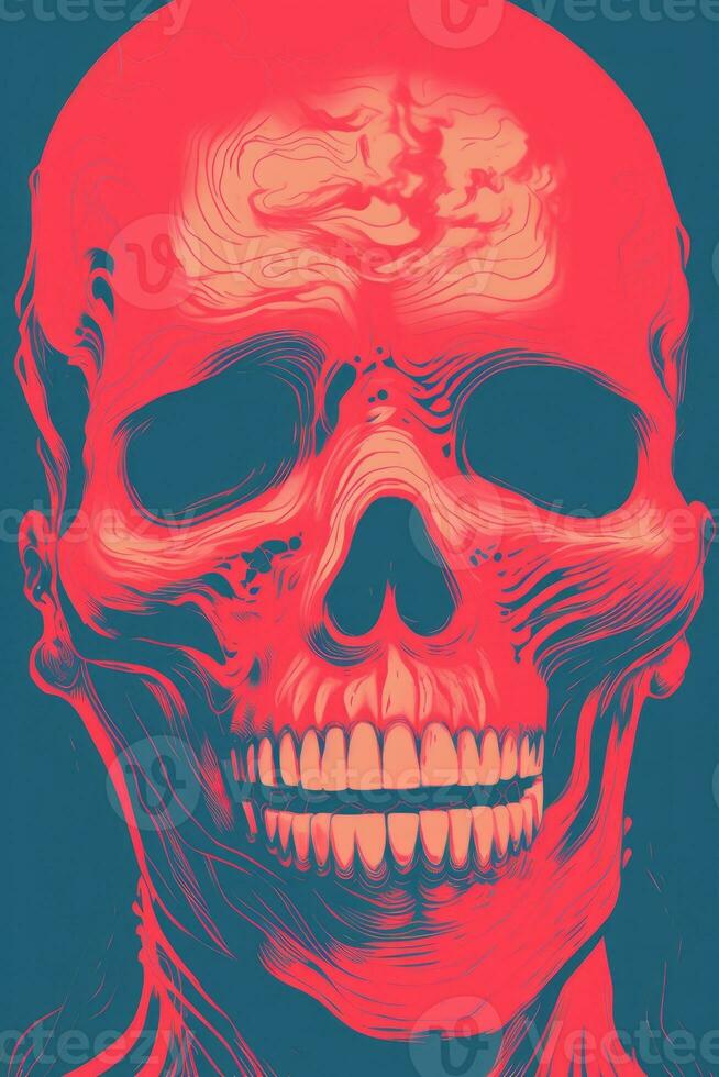 a red and pink skull on a blue background generative ai photo