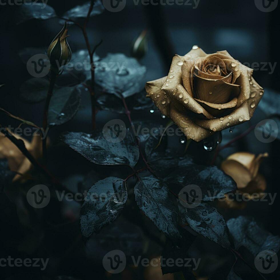 a rose with raindrops on it in the dark generative ai photo