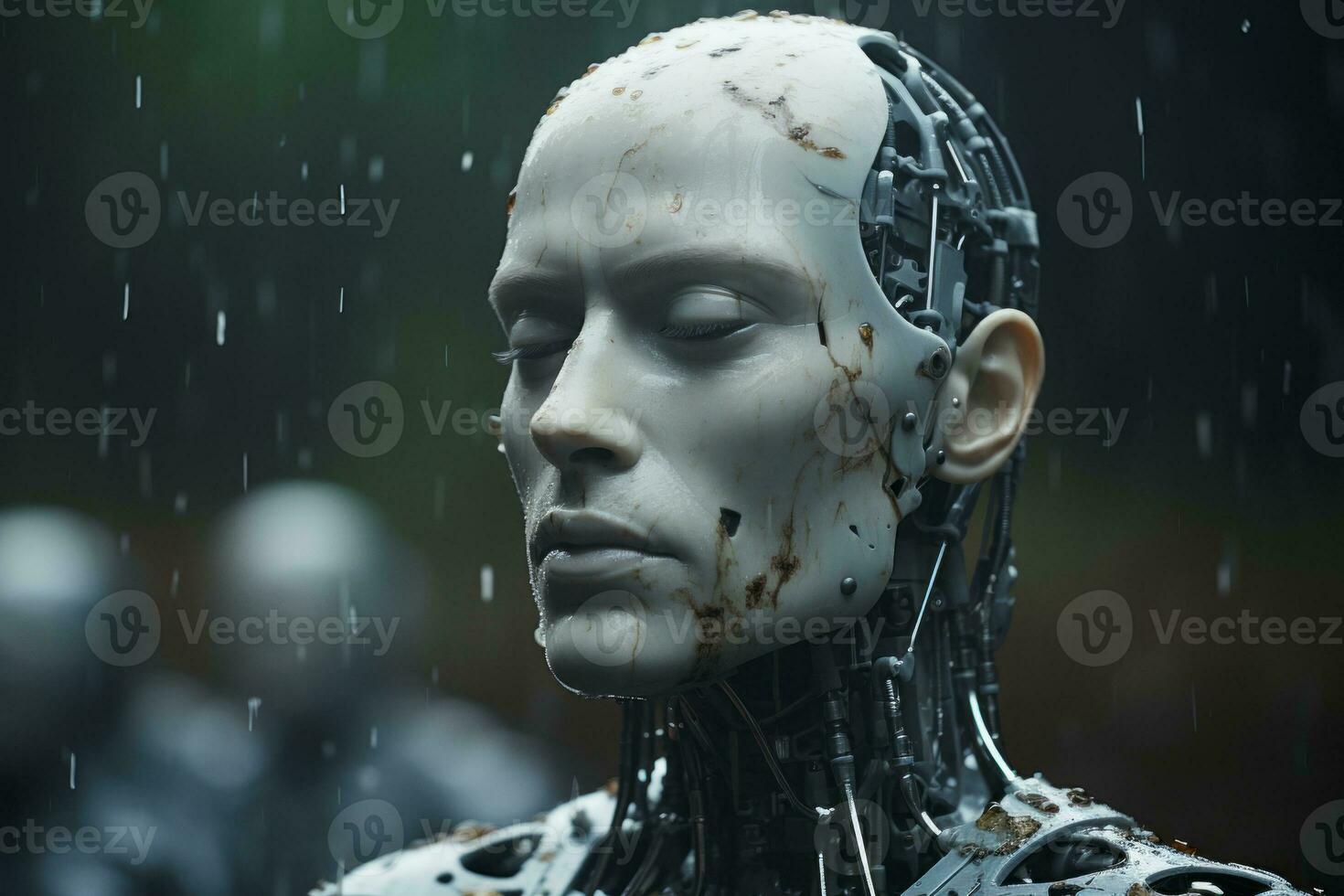 a robot is standing in the rain with its head turned to the side generative ai photo