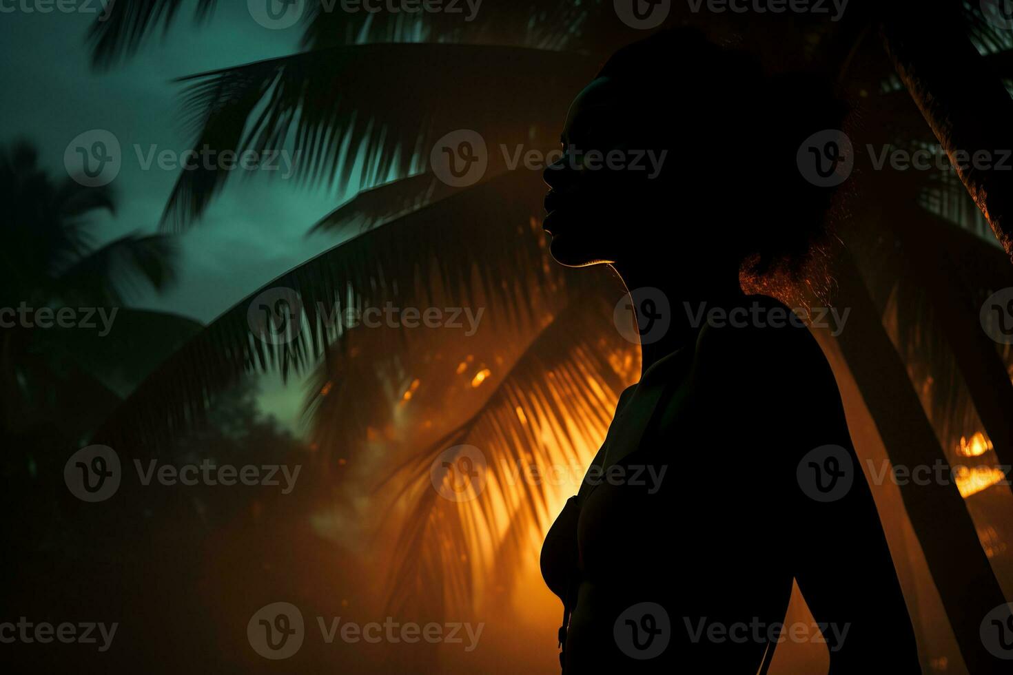 a silhouette of a woman standing in front of palm trees at sunset generative ai photo