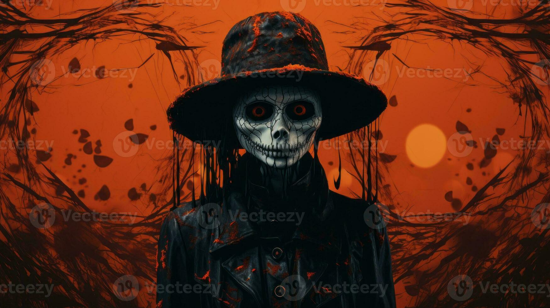 a scary skeleton wearing a hat and a black coat generative ai photo
