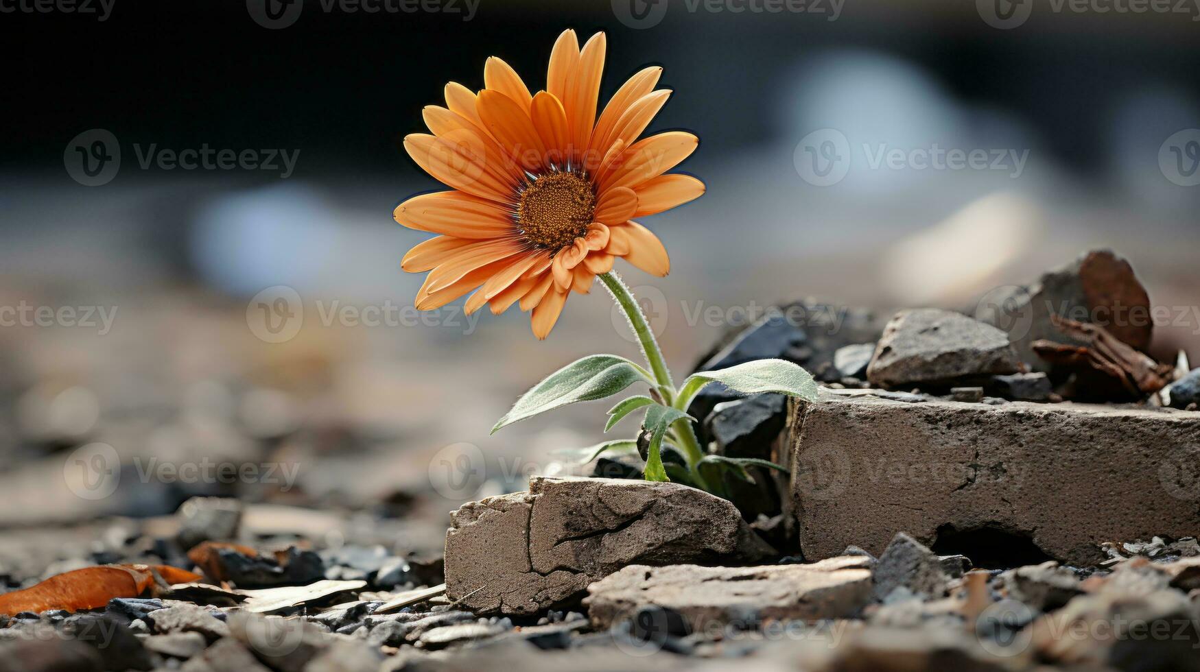 a single orange flower is growing out of a pile of rubble generative ai photo