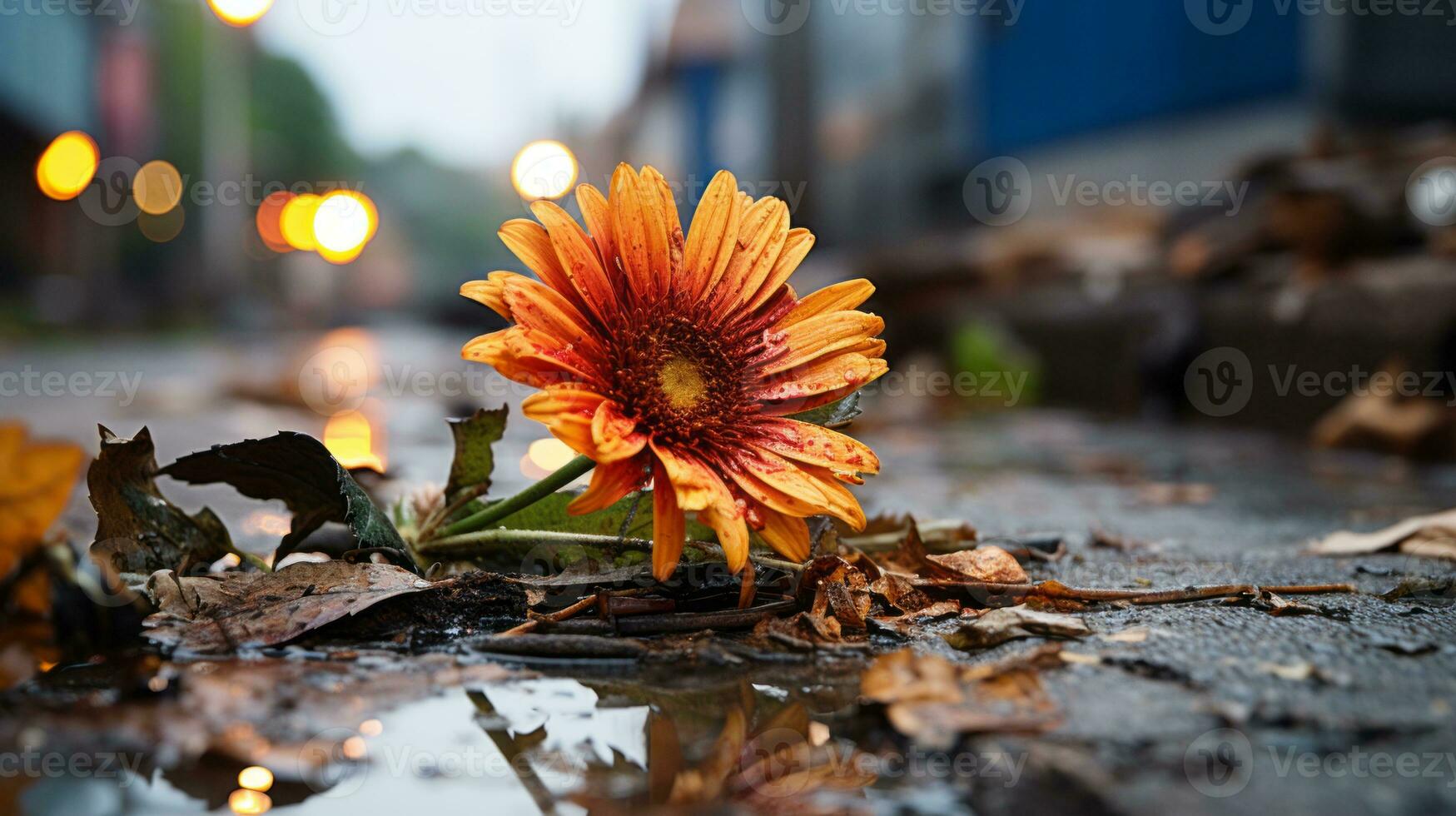 a single orange flower sits in the middle of a puddle generative ai photo