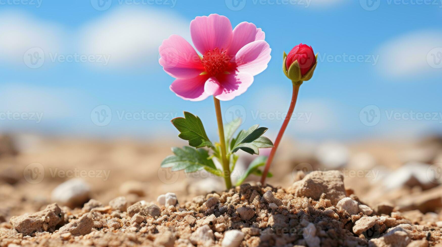 a single pink flower is growing out of the ground generative ai photo