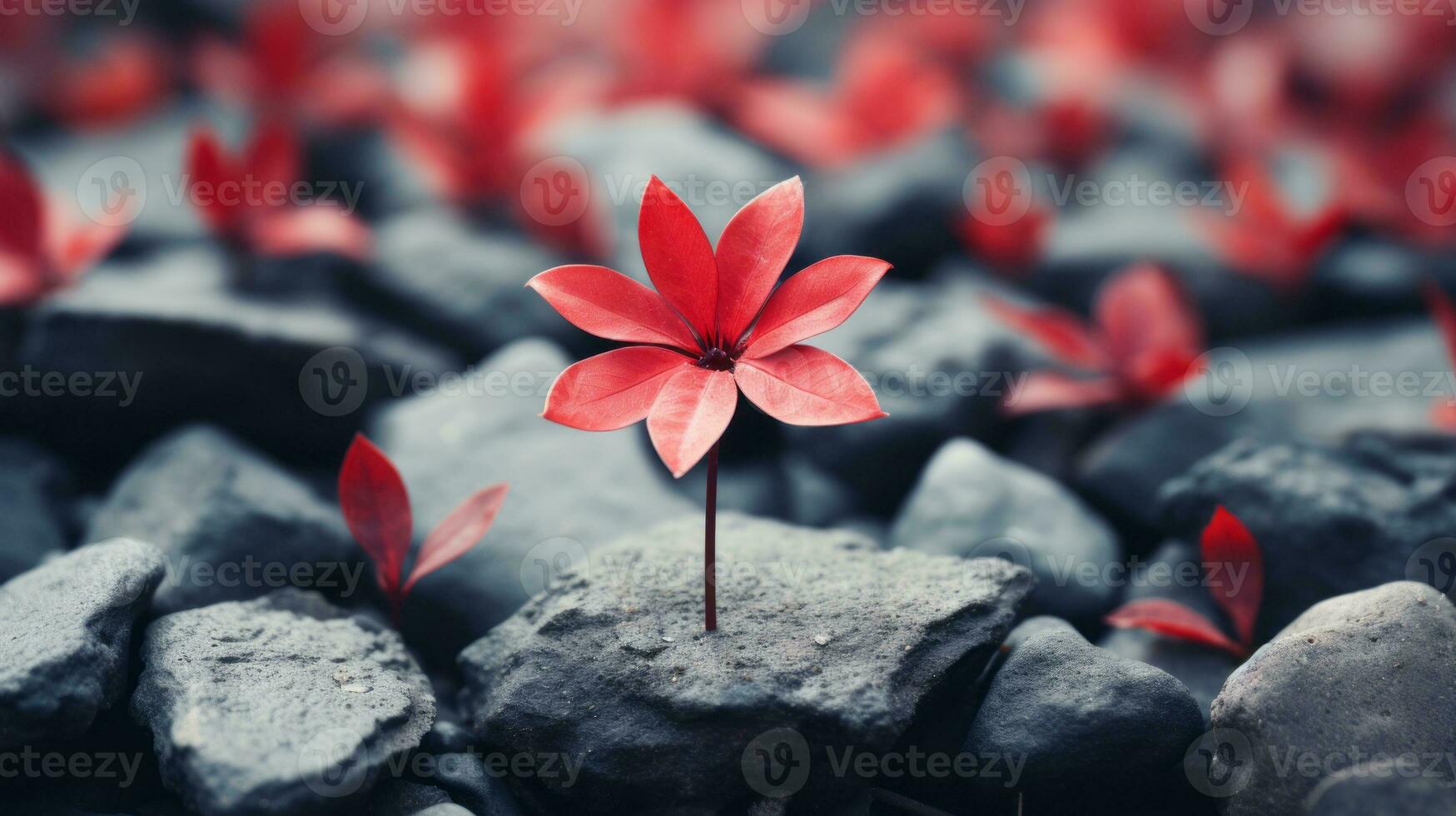 a single red flower growing out of a pile of rocks generative ai photo