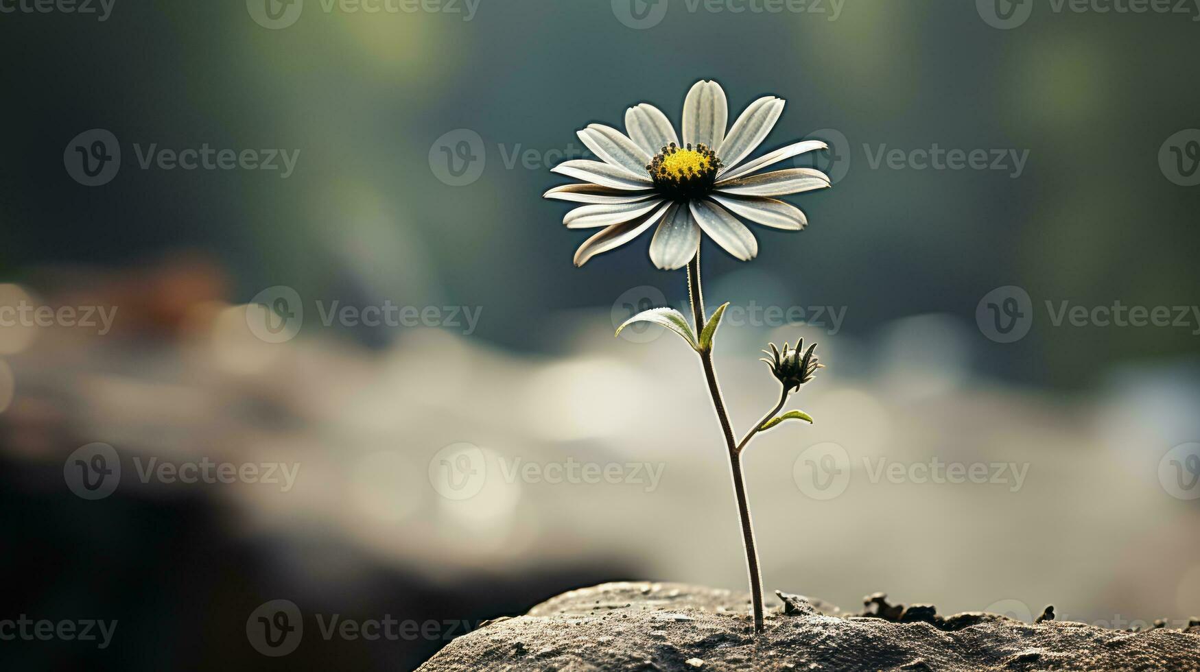 a single white flower is standing on top of a rock generative ai photo