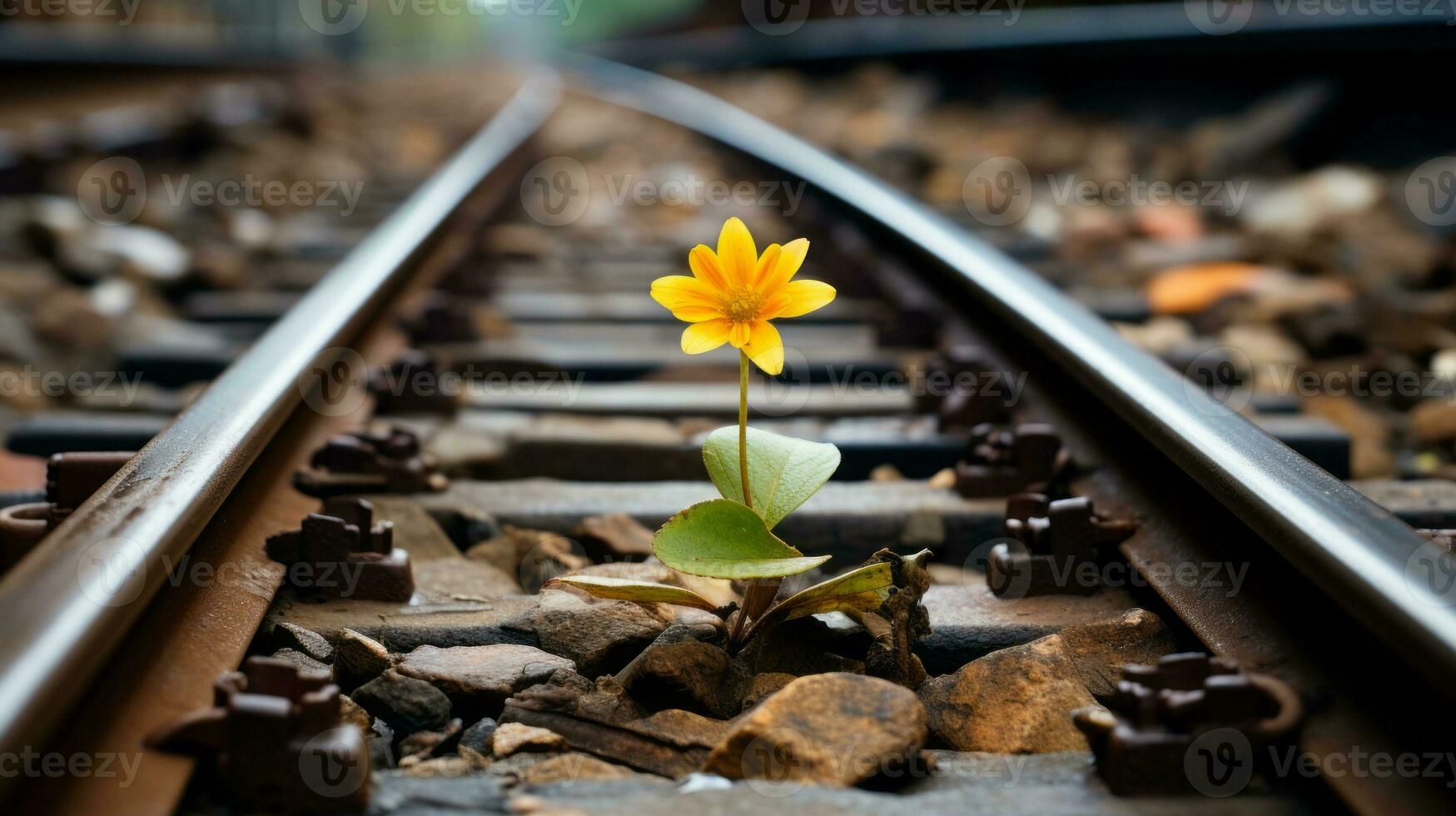 a single yellow flower is growing on the side of a train track generative ai photo
