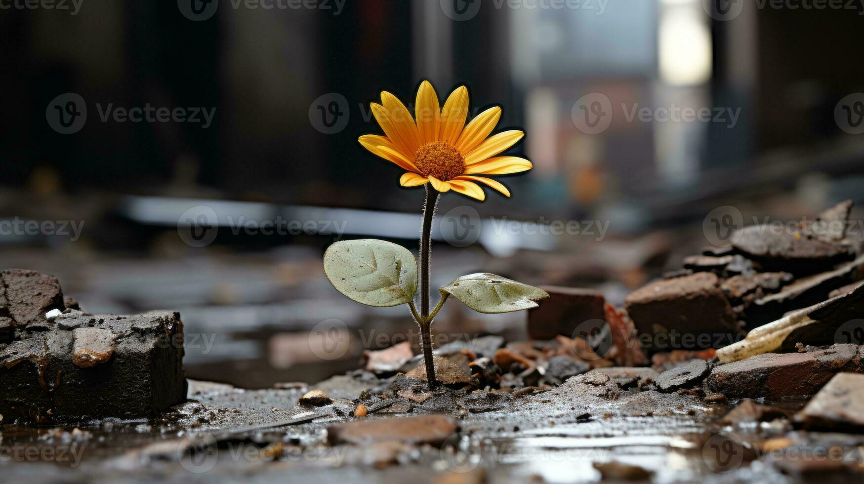 a single yellow flower is growing out of a pile of rubble generative ai photo