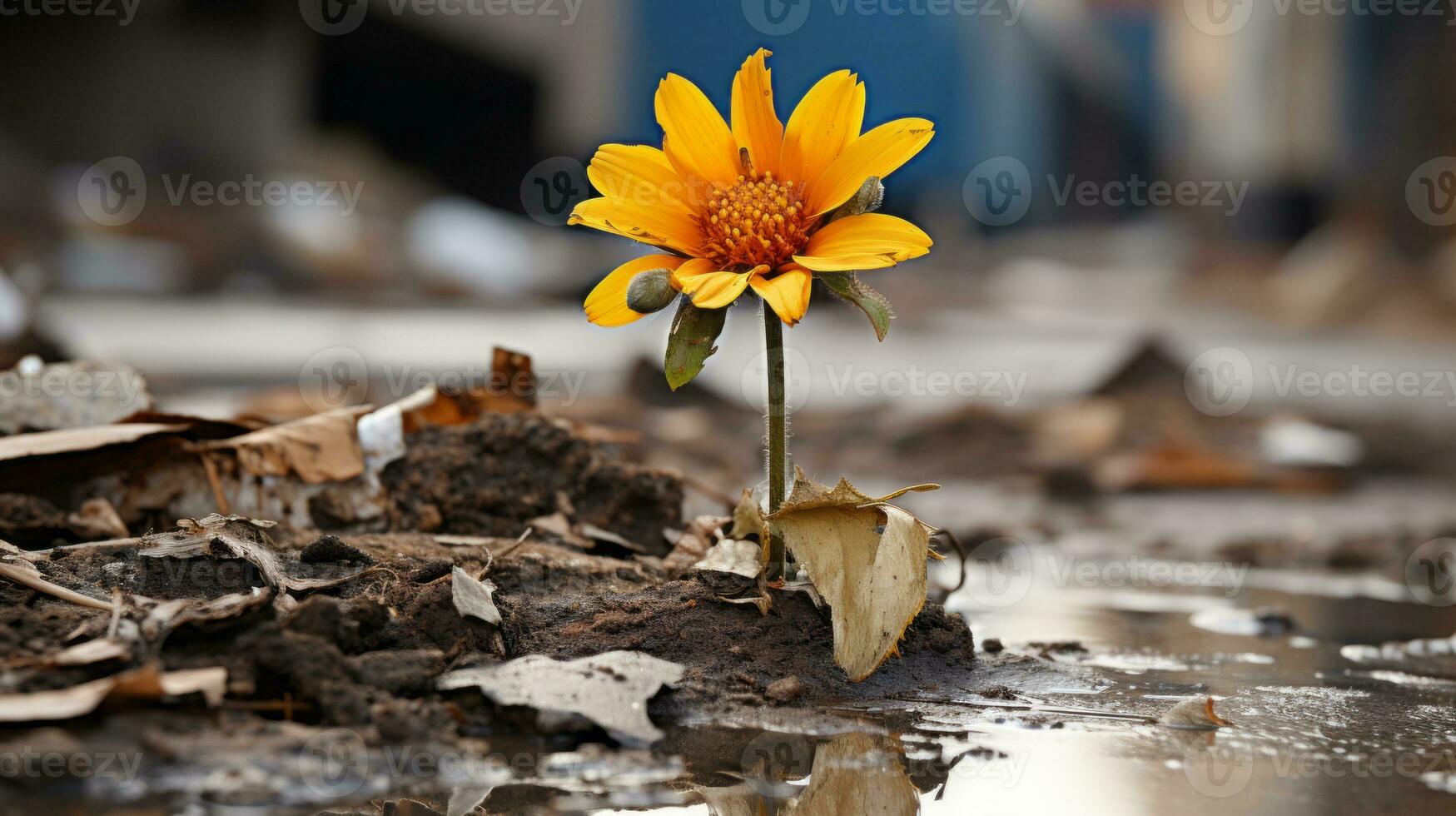 a single yellow flower is growing out of the ground in a puddle generative ai photo