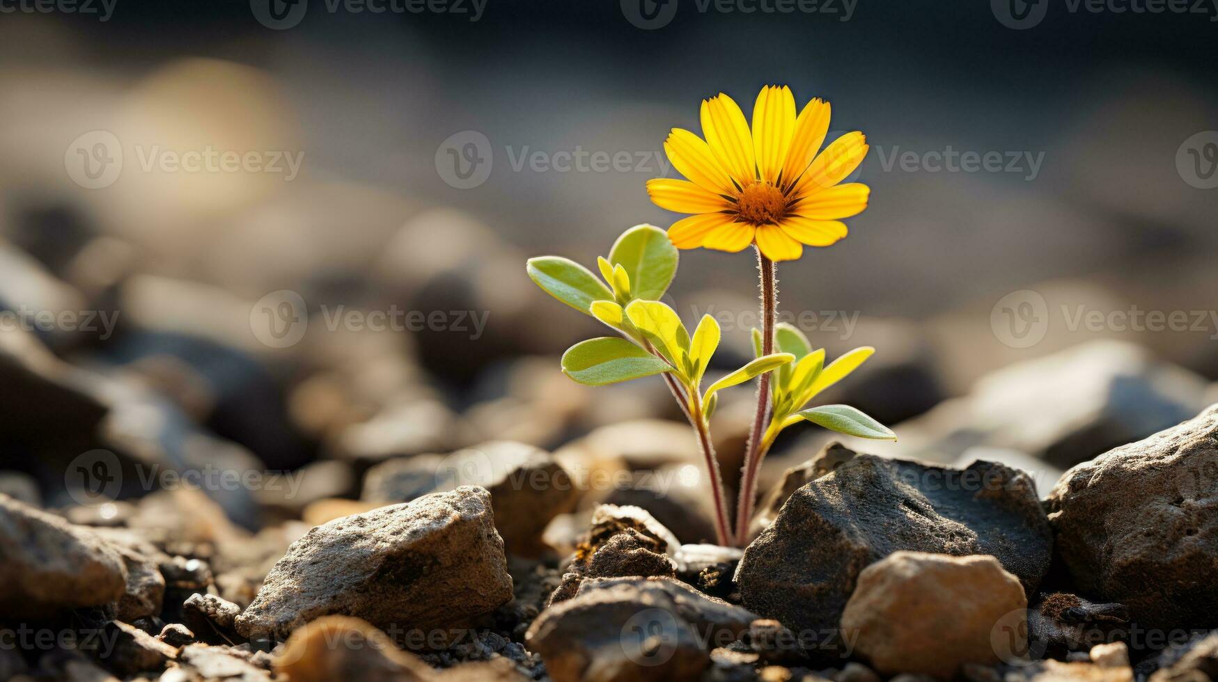 a single yellow flower is growing out of the ground generative ai photo