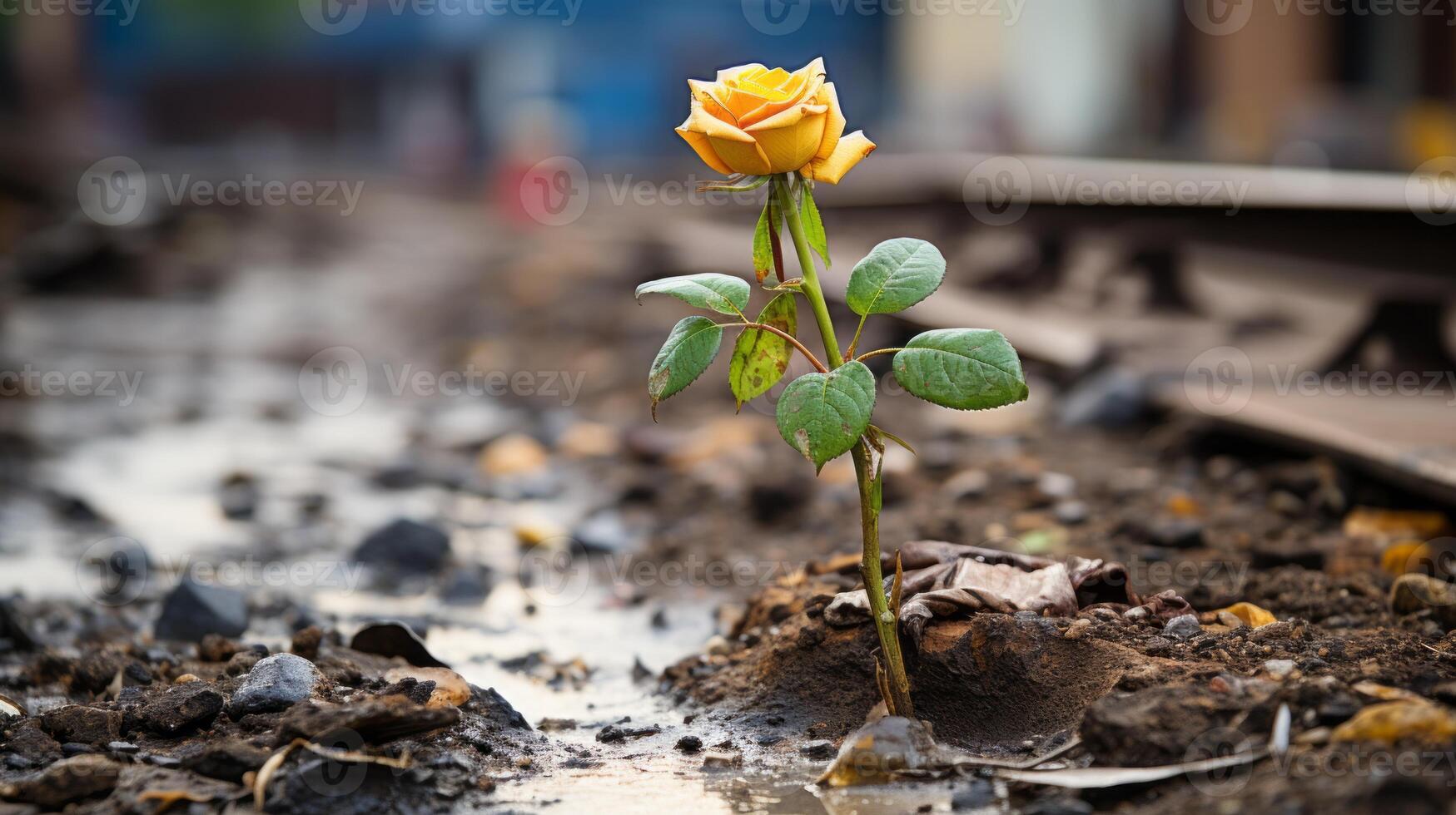 a single yellow rose is growing out of the mud generative ai 32104068