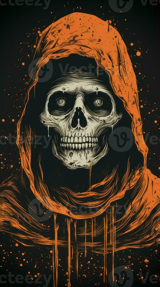 a skull in a hooded robe with orange paint on it generative ai photo