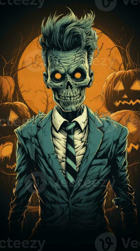 a skeleton in a suit and tie standing in front of pumpkins generative ai photo