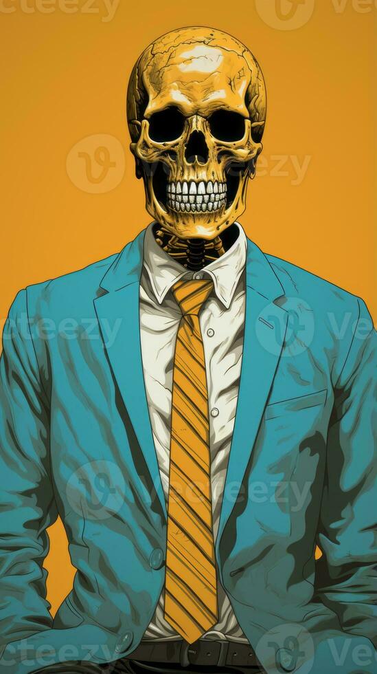 a skull wearing a suit and tie on an orange background generative ai photo