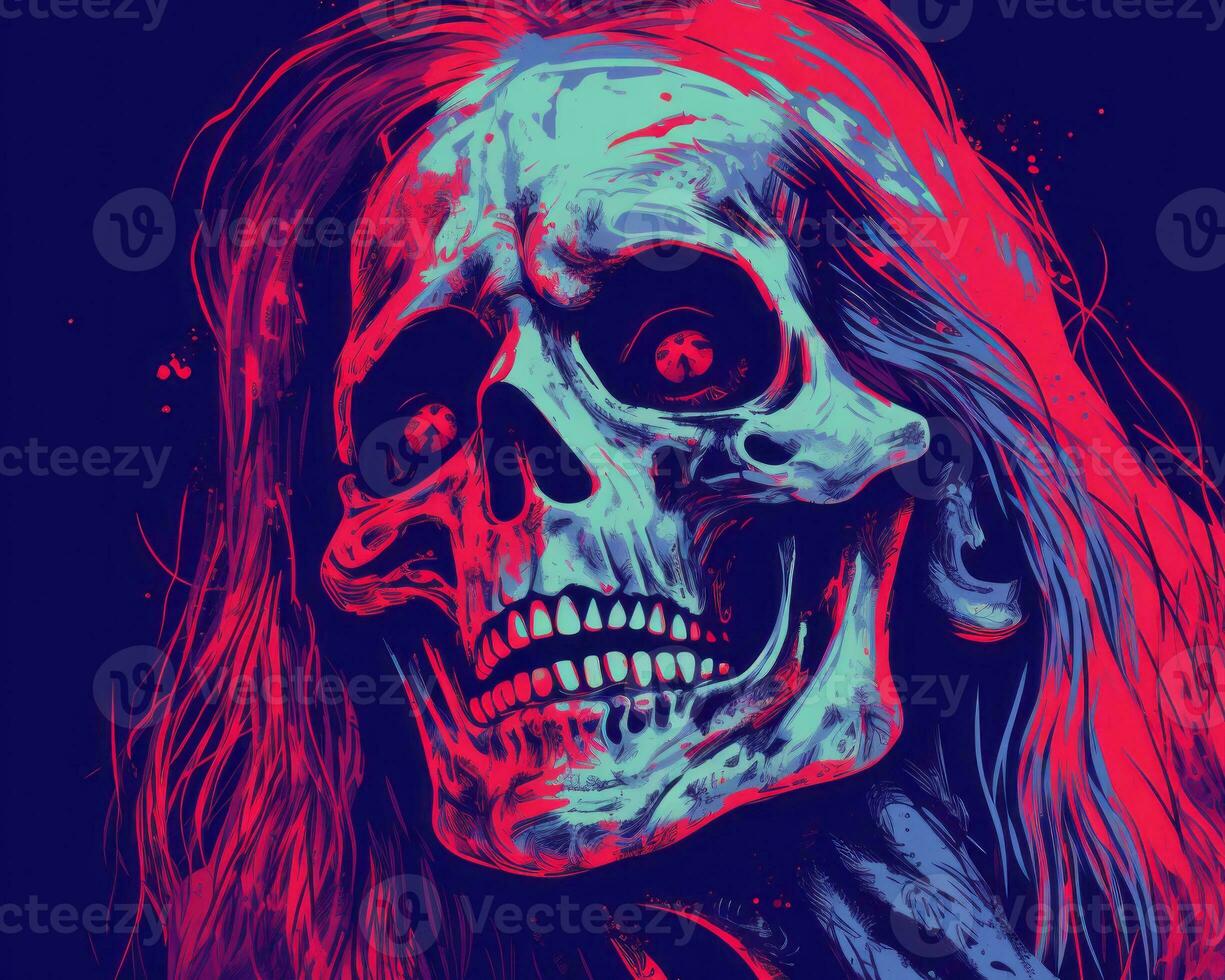 a skull with long hair and red eyes on a blue background generative ai photo