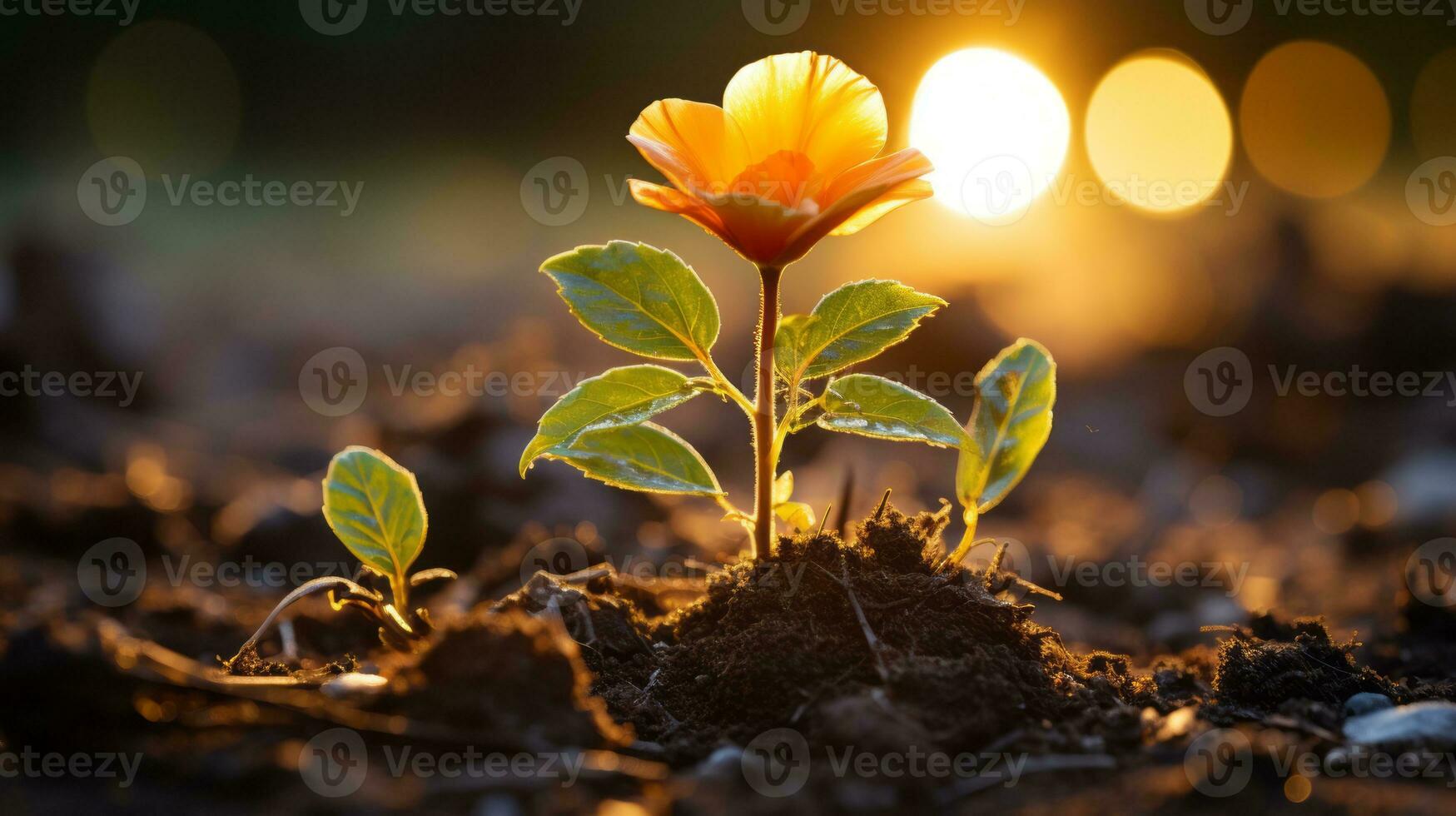 a small orange flower is growing out of the ground generative ai photo