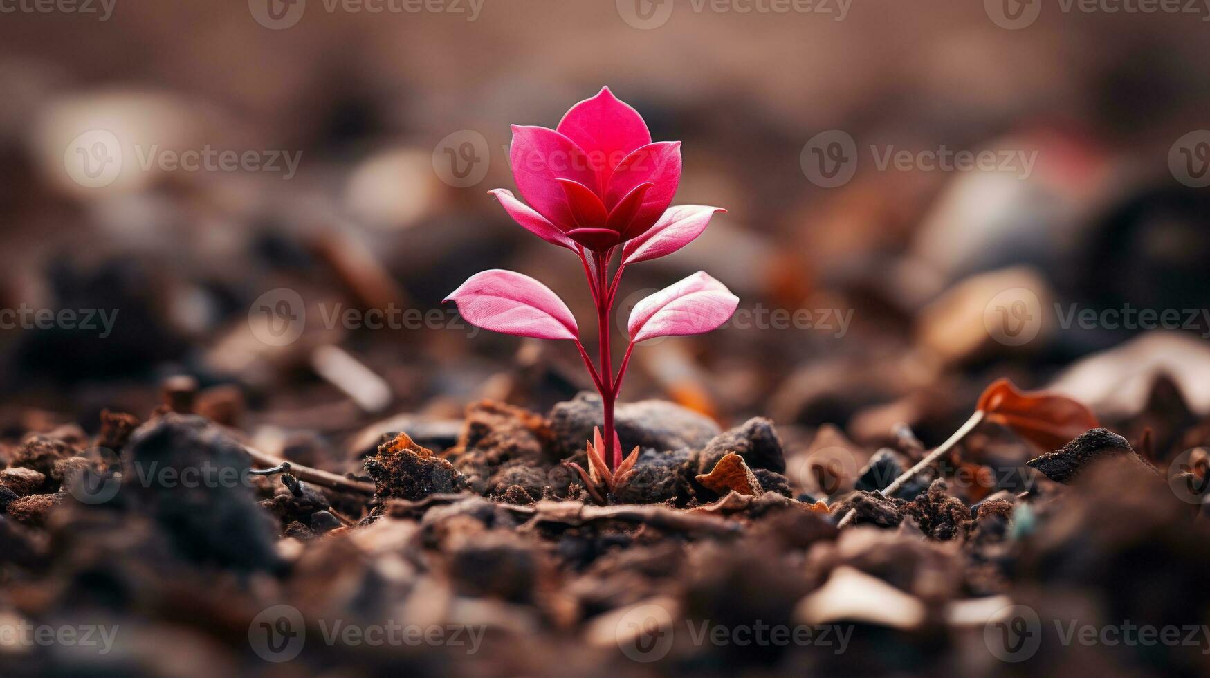 a small pink flower is growing out of the ground generative ai photo