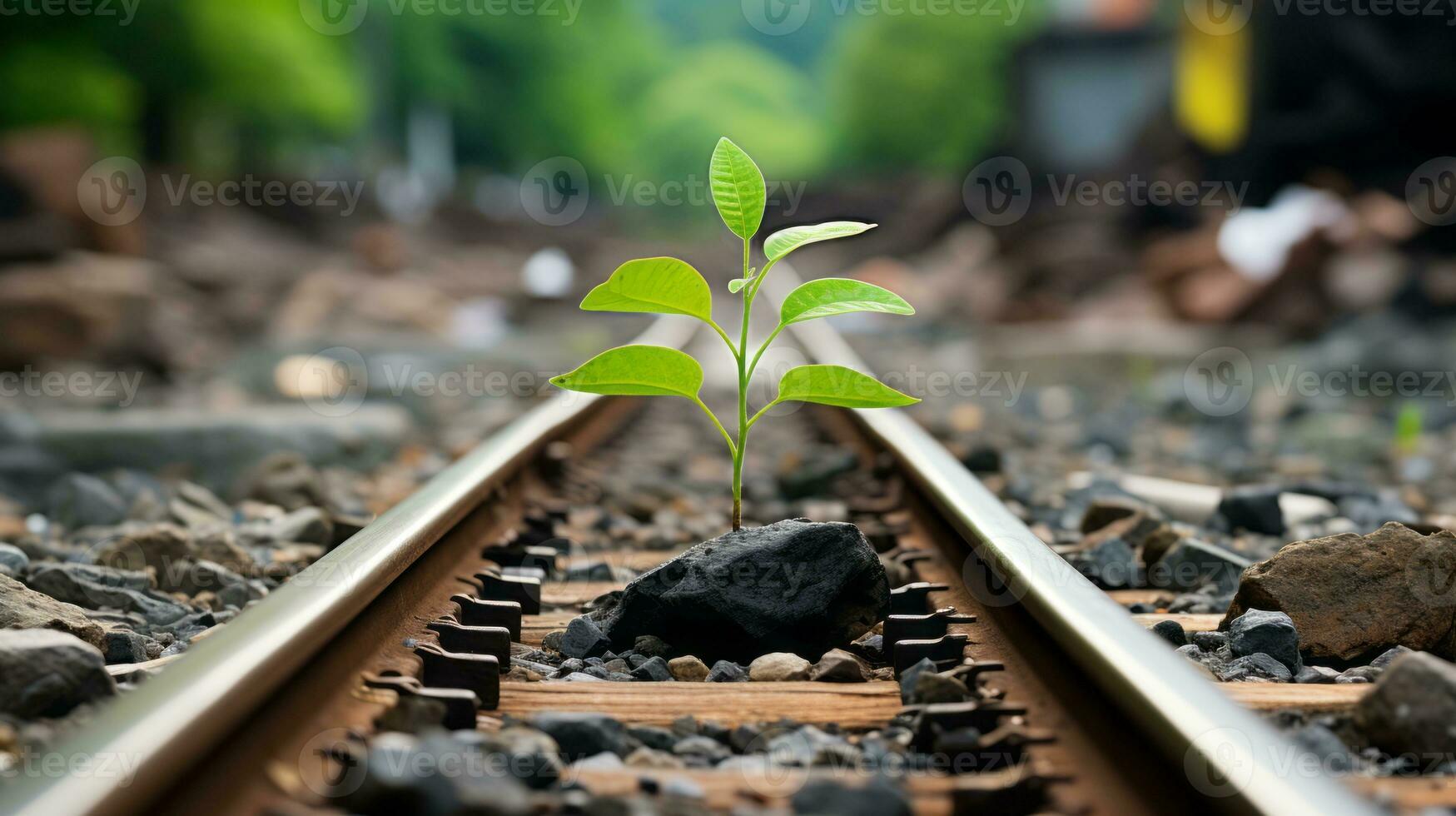 a small plant is growing on a railroad track generative ai photo