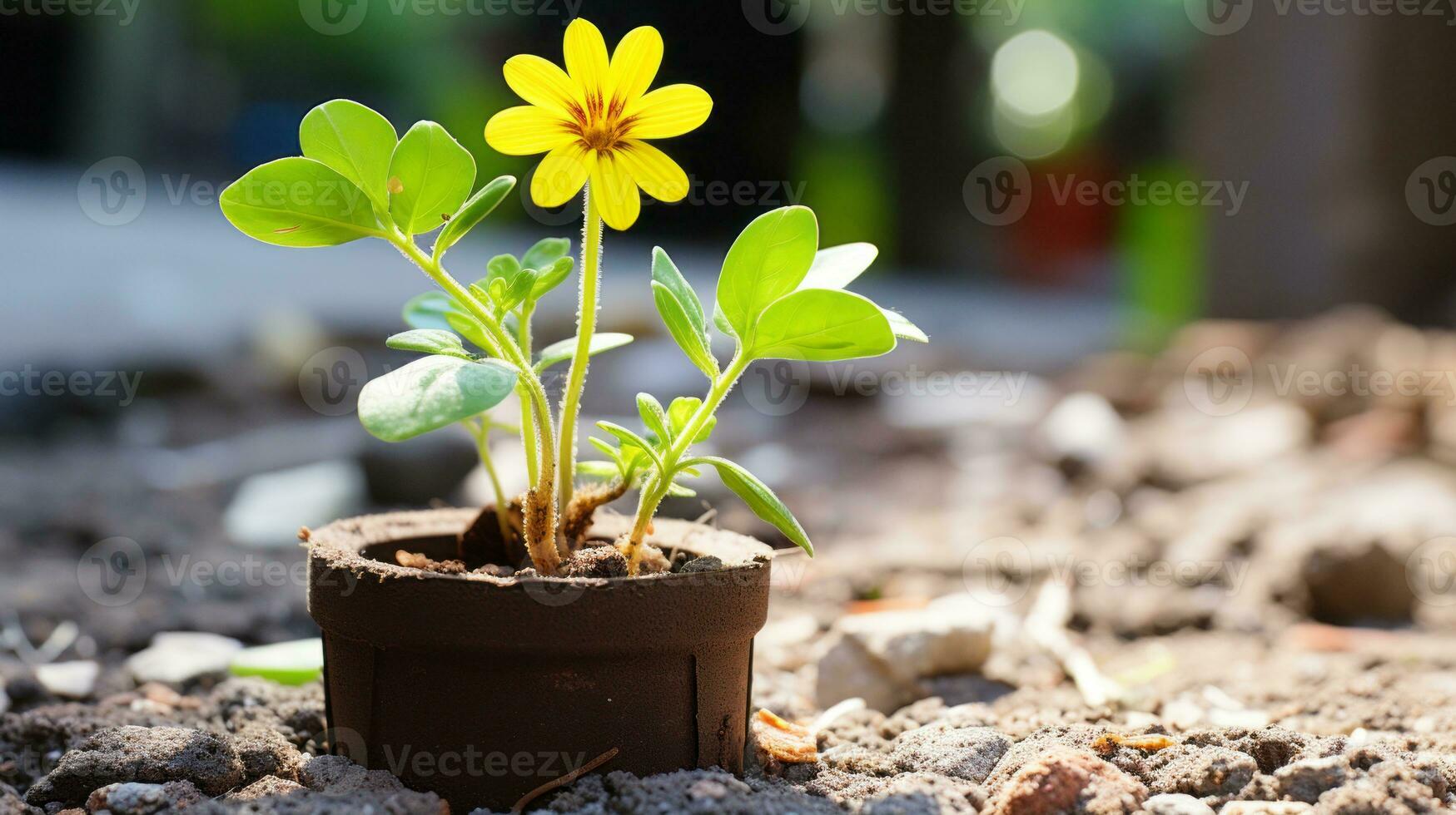 a small yellow flower is growing in a pot generative ai photo