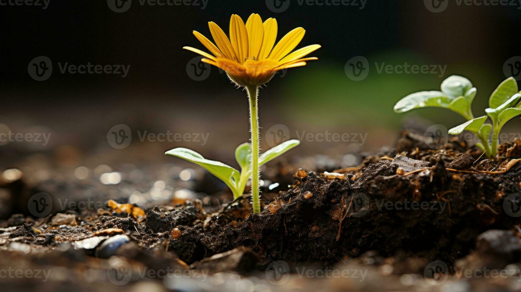 a small yellow flower is growing out of the ground generative ai photo