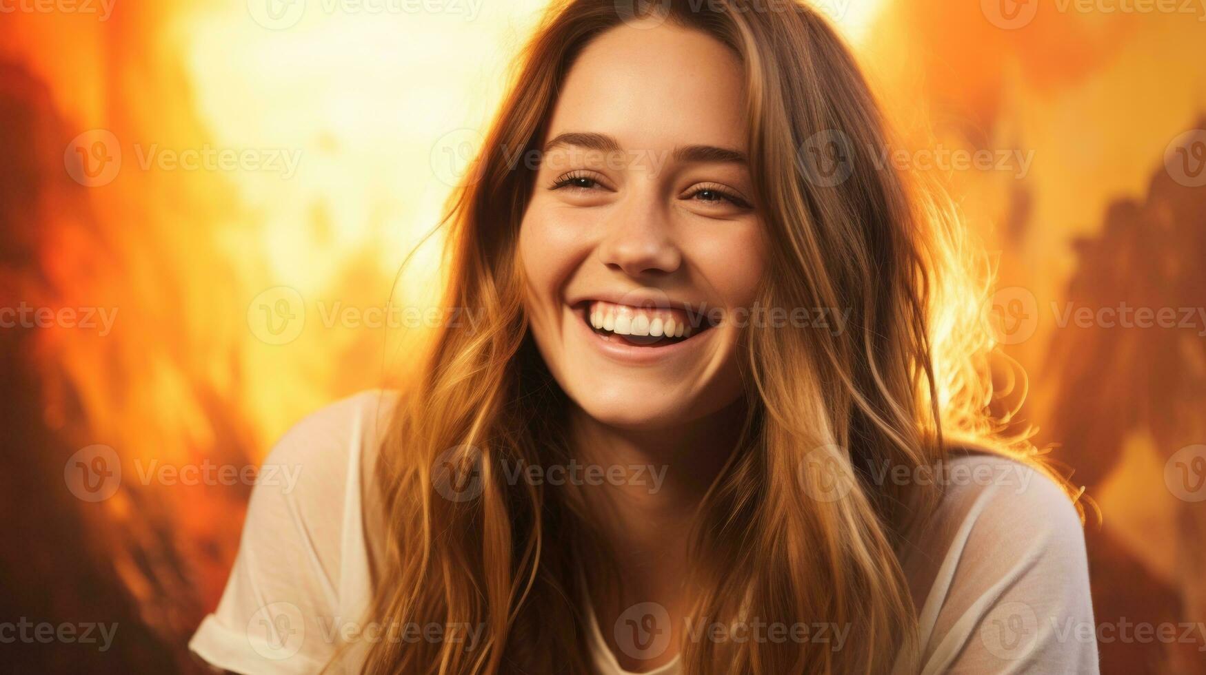 un sonriente joven mujer con largo pelo en frente de un fuego generativo ai foto