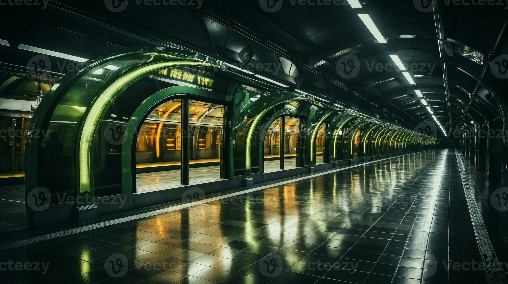 a subway station with green lights on the walls generative ai photo