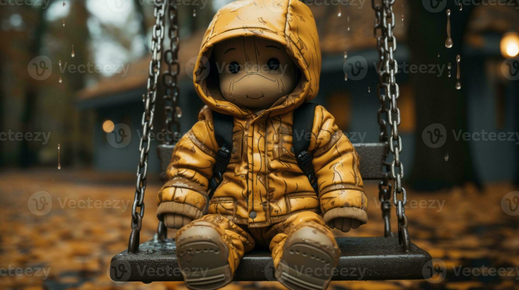 a teddy bear sitting on a swing in the rain generative ai photo