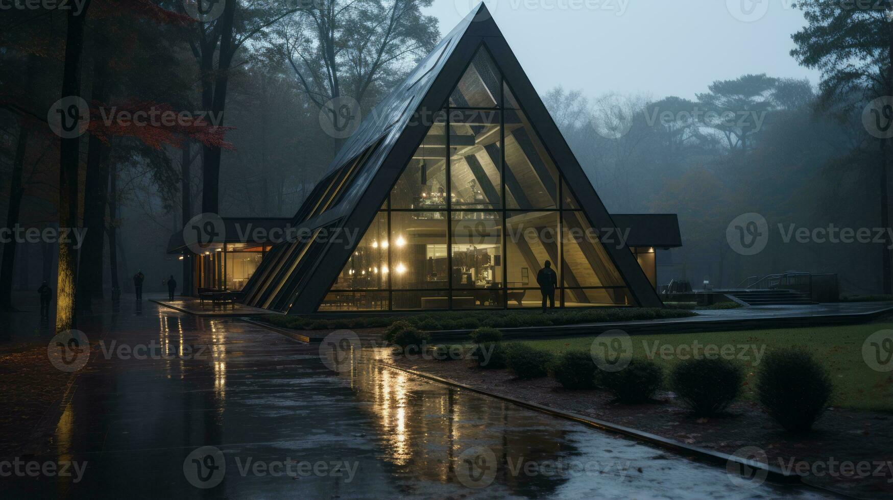 a triangle shaped house sits in the middle of a park in the rain generative ai photo