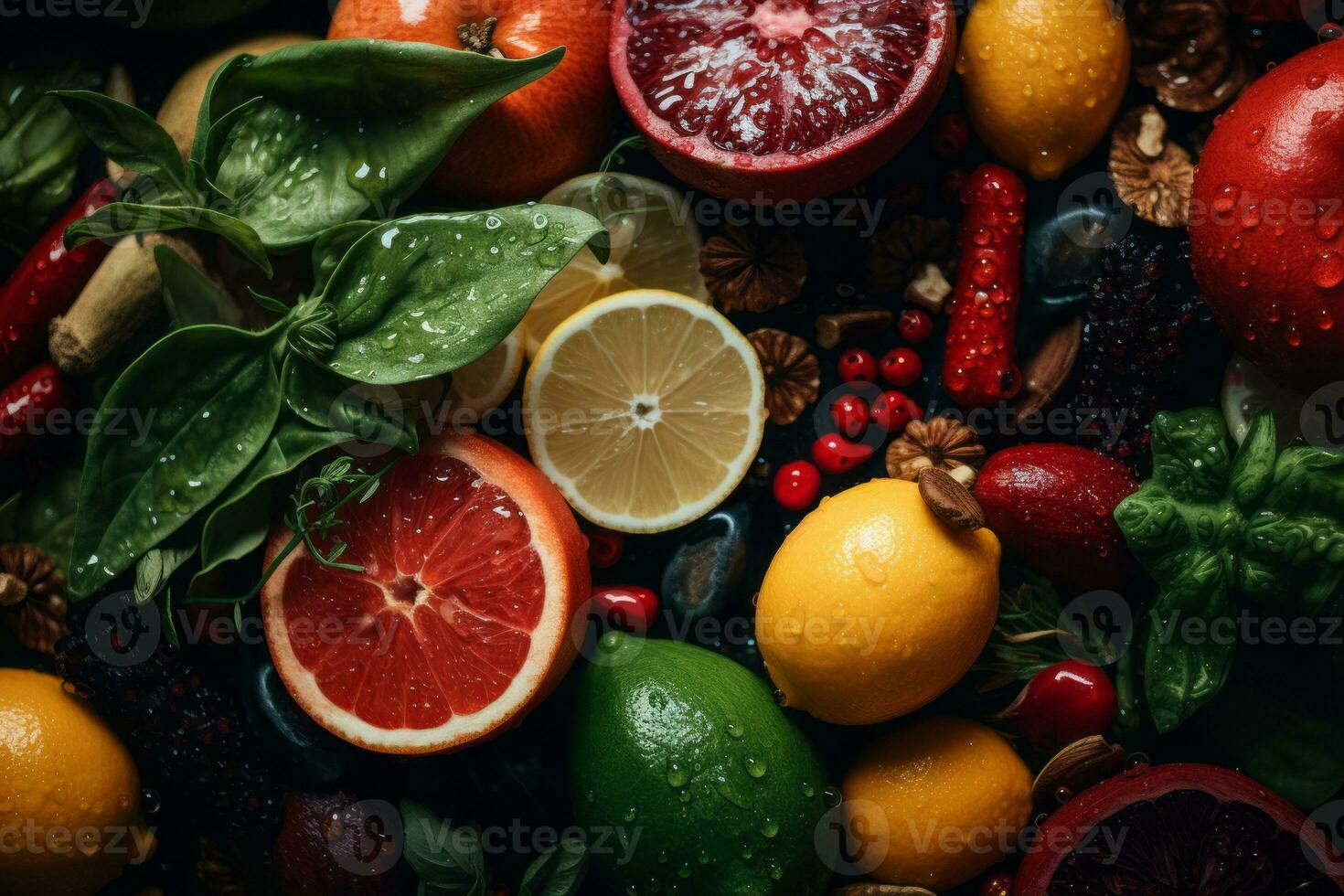 a variety of fruits and vegetables are arranged on a table generative ai photo